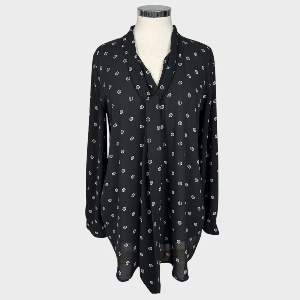 LOFT Outlet Womens Medium Sheer Black White Print Blouse Tie Neck Polyester